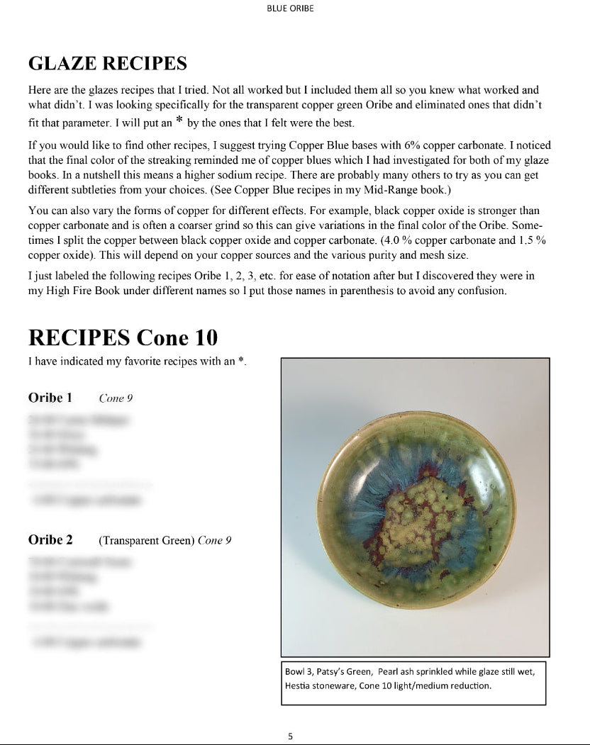 Page from a John Britt e-book or document with glaze recipes for oribe glazes, featuring text and a photo of a decorated bowl.