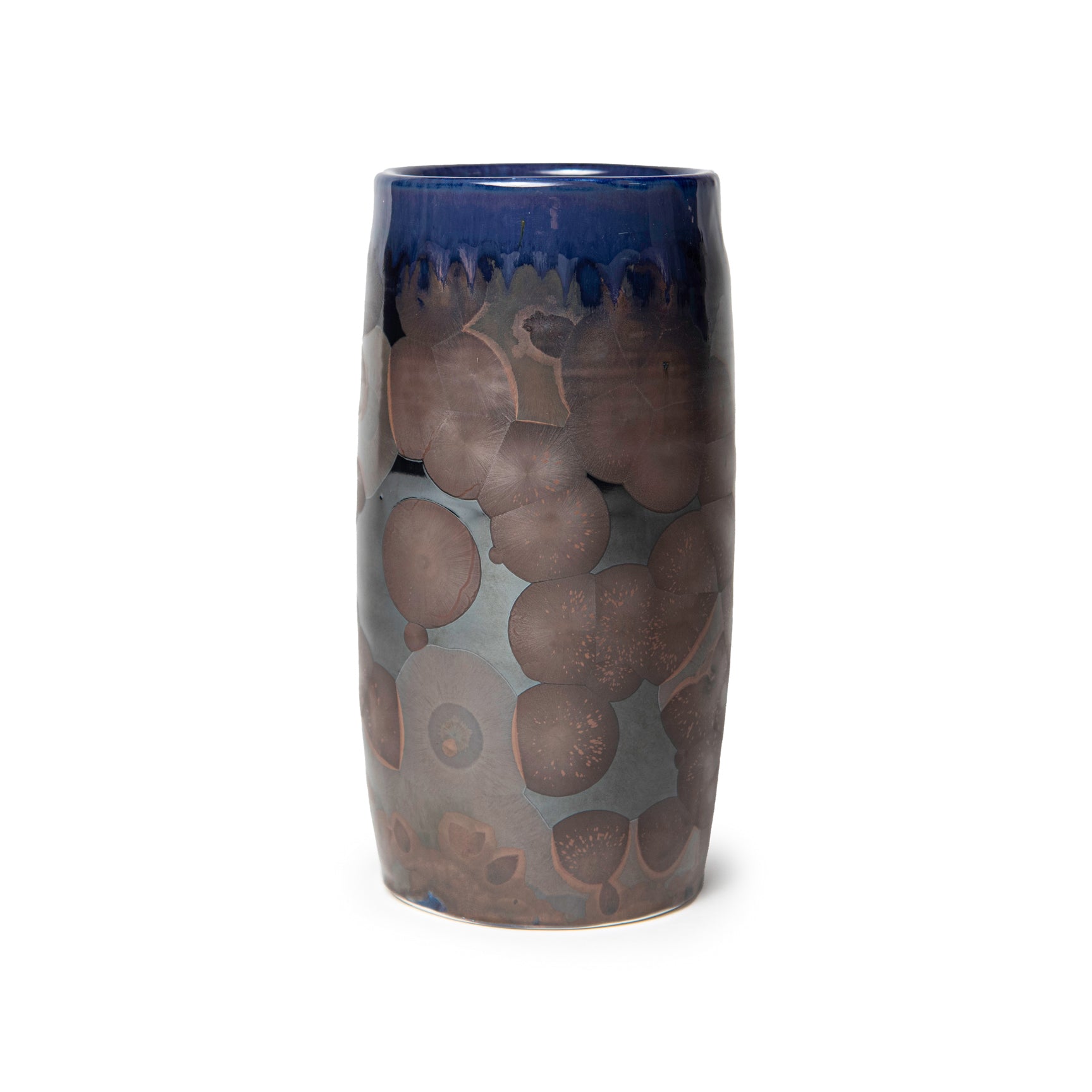 Ceramic vase with crystalline surface design on a white background