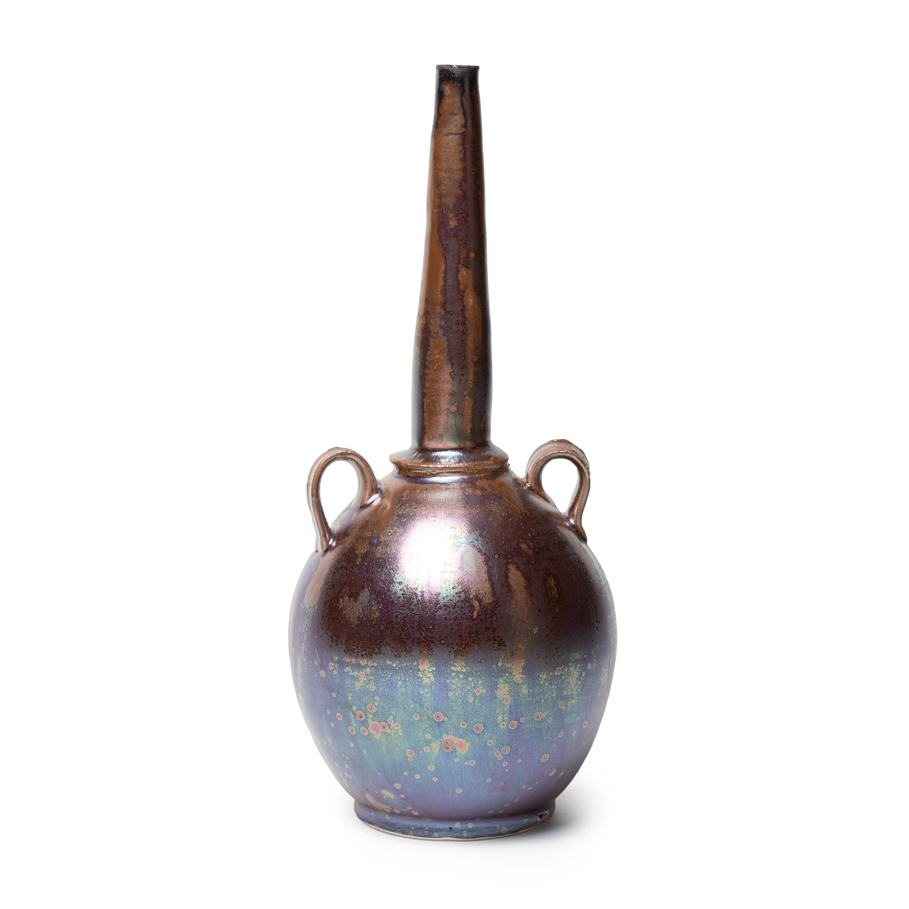 An iridescent ceramic vase by John Britt with a long neck and two handles on a white background
