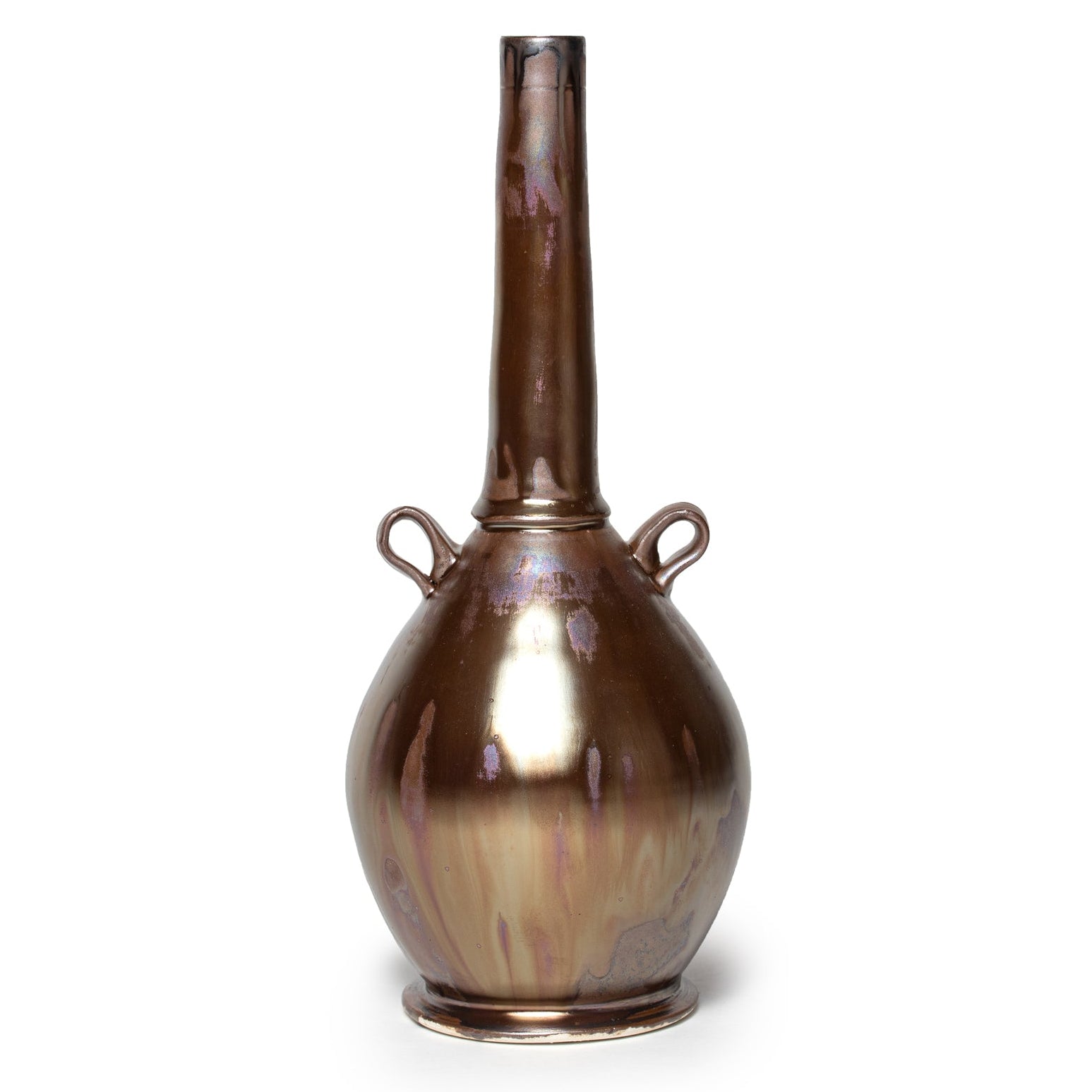 An iridescent ceramic vase by John Britt with a long neck and two handles on a white background