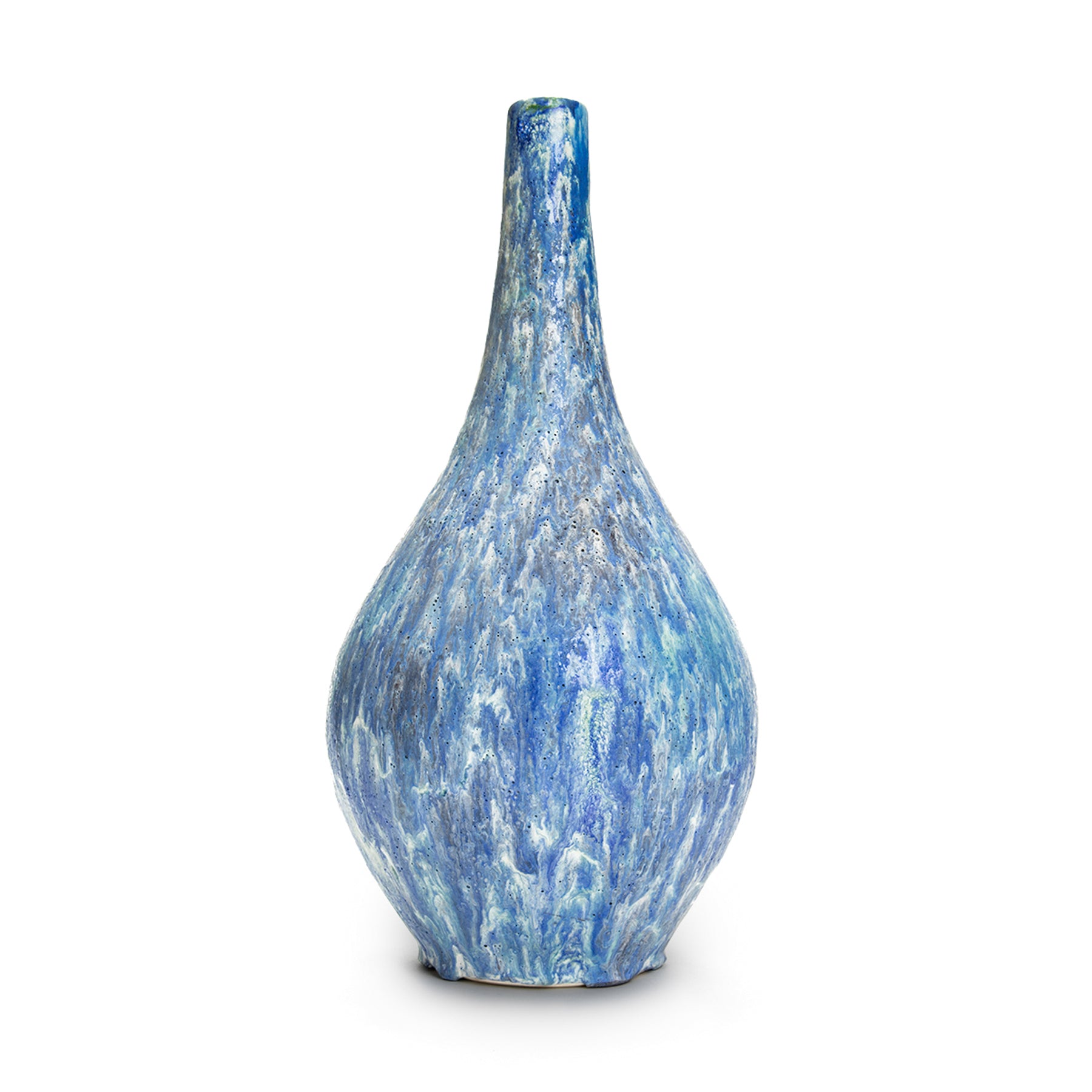 A John Britt blue and white drippy looking glazed ceramic vase on a white background
