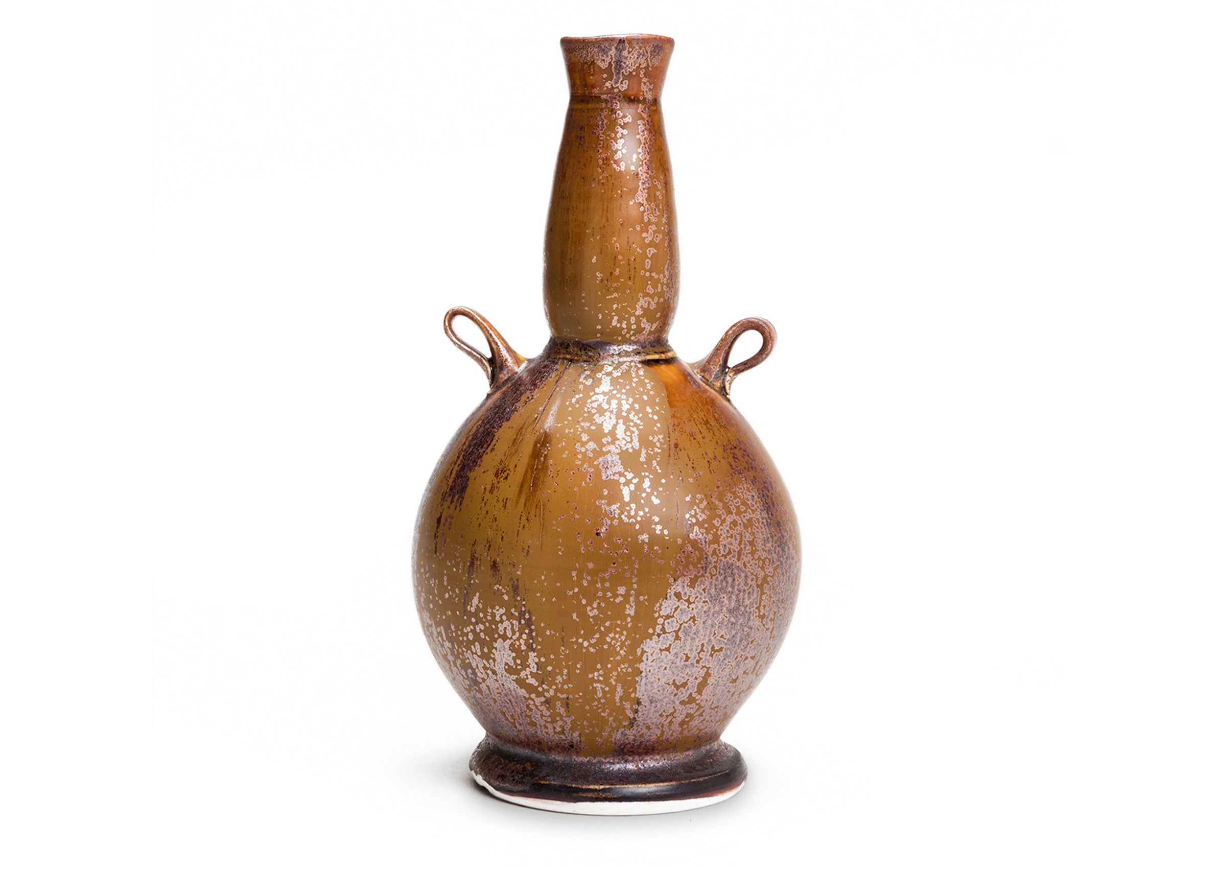 A gold and amber colored ceramic vase with two handles on a white background. Artist John Britt