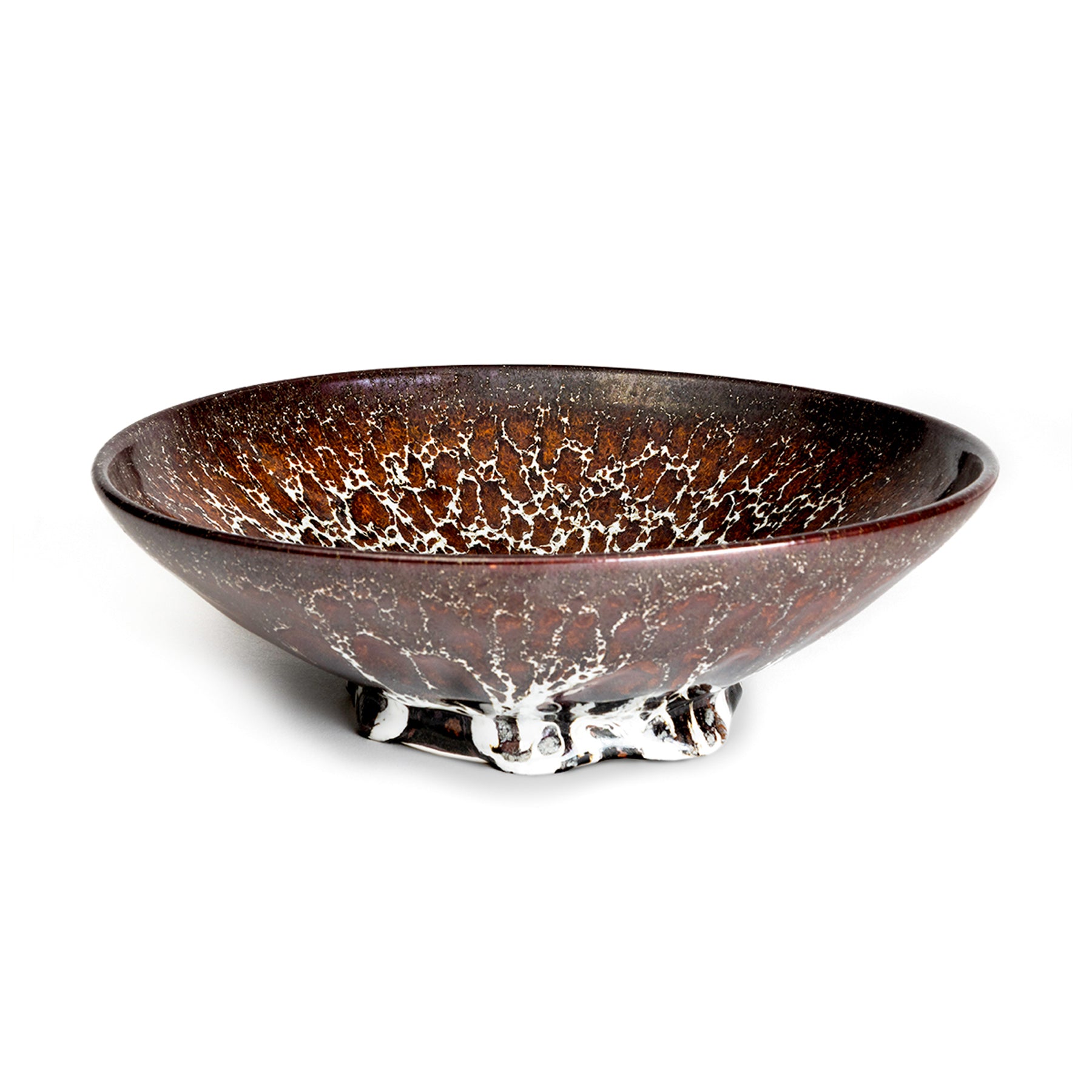Ceramic bowl with a white and red speckled surface on a white background