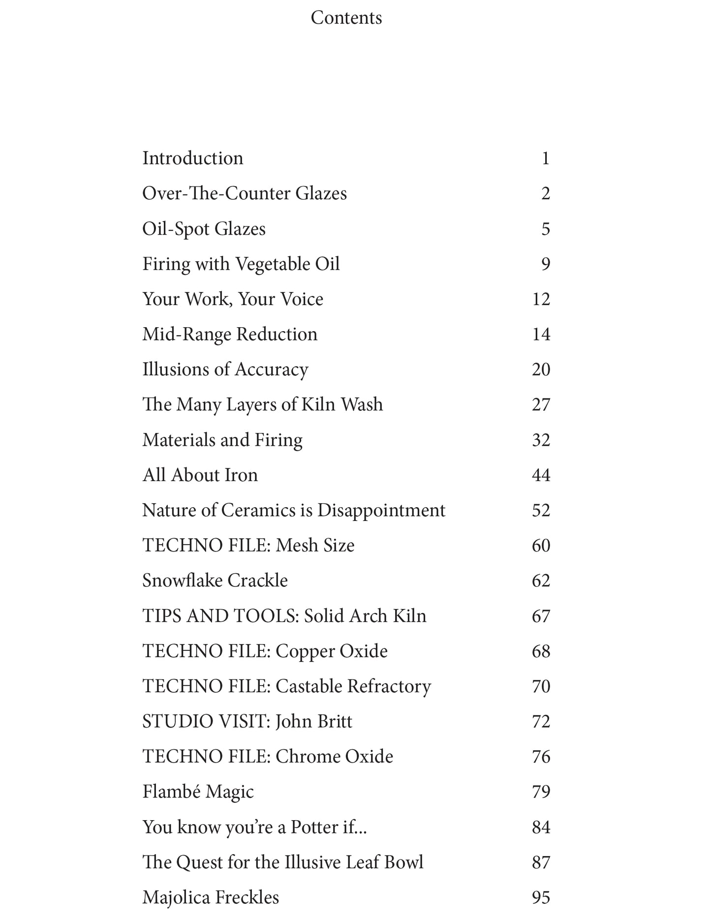 Table of contents for a book or document on ceramics and glazing techniques.