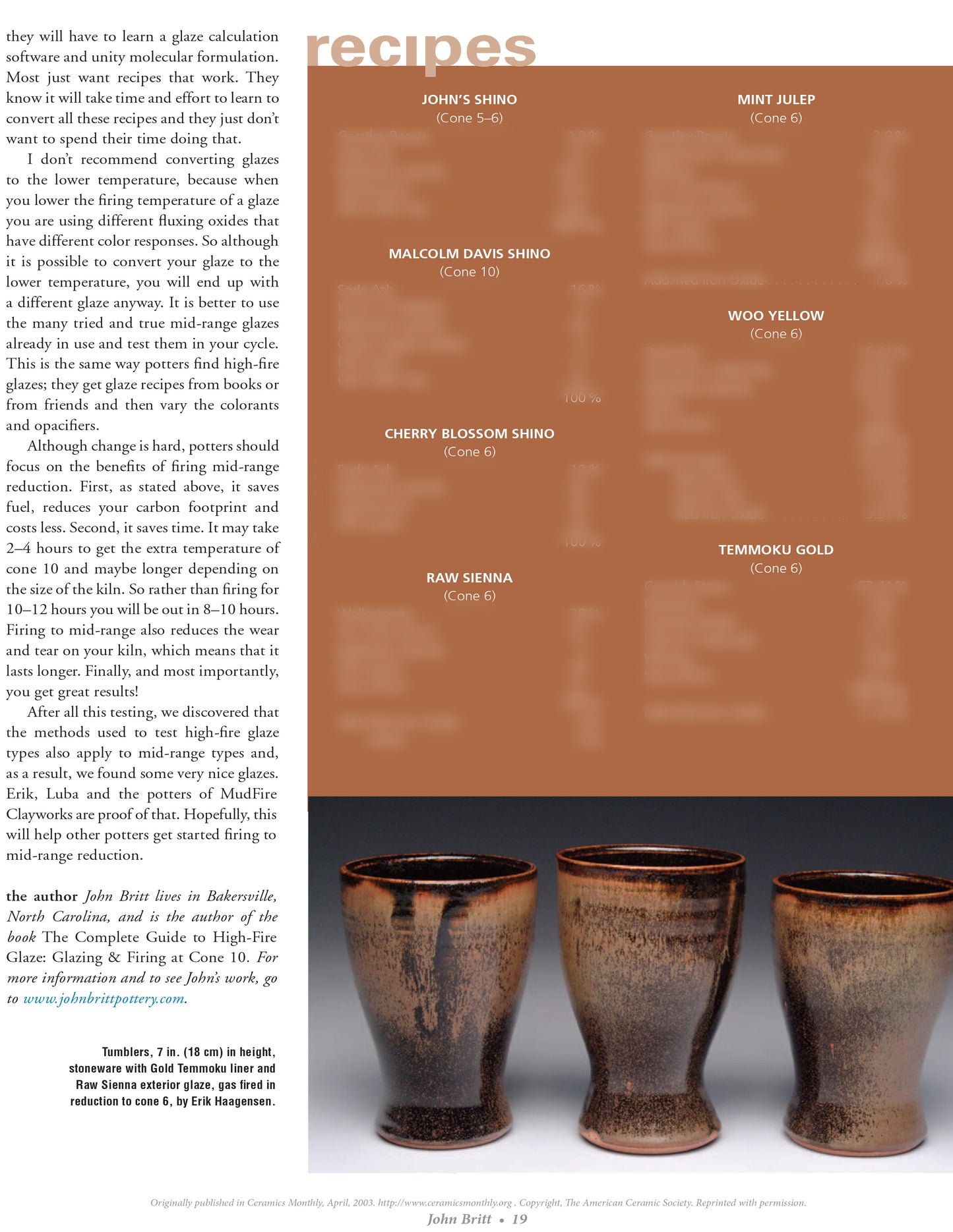 a screenshot of an article about ceramic glazes on a white and rust colored background, a picture of cups below. some of the text is blurred. 